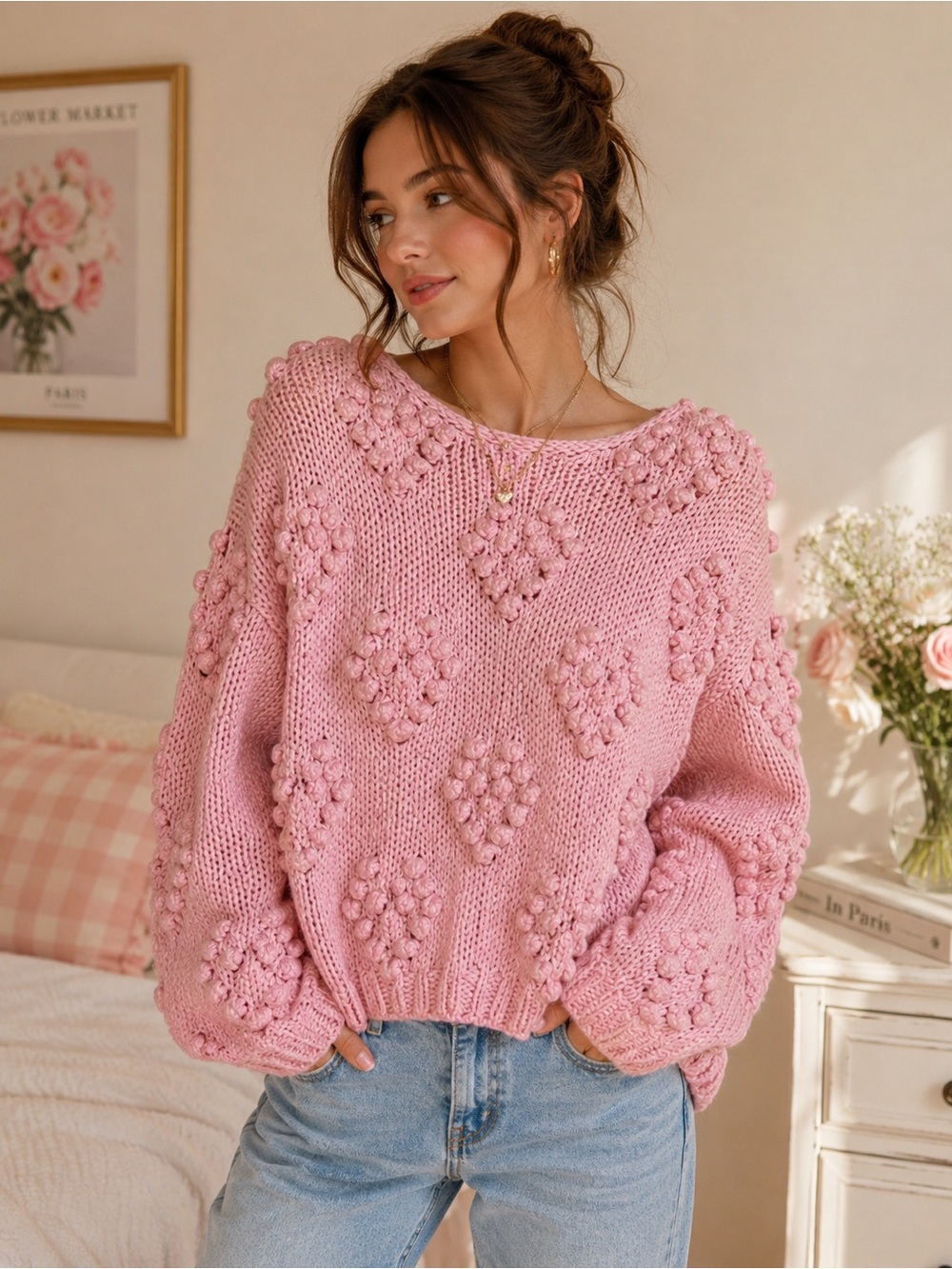 Chicwish Pink Bobble Heart Chunky Knit Sweater Cozy Cottagecore Oversized